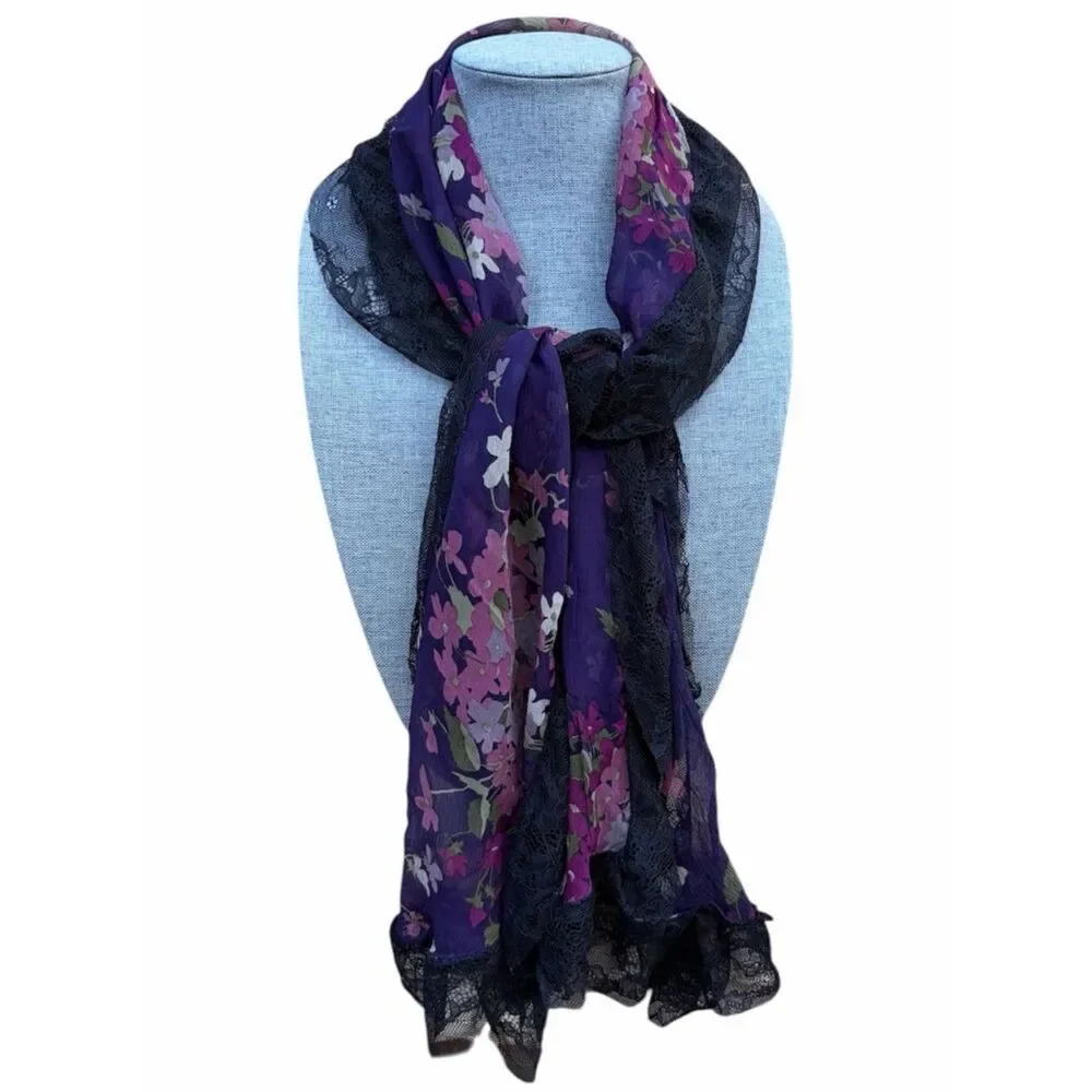 Ralph Lauren 100% Silk Black/Purple Floral & Lace Lightweight Scarf Romantic